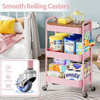 TOOLF 3-Tier Rolling Cart with Table Top, Metal Storage Cart on Wheels, Utility Organizer with Wooden Tray, Lockable Casters, Easy Assembly for Bathroom, Living Room, Office, Bedside, Pink