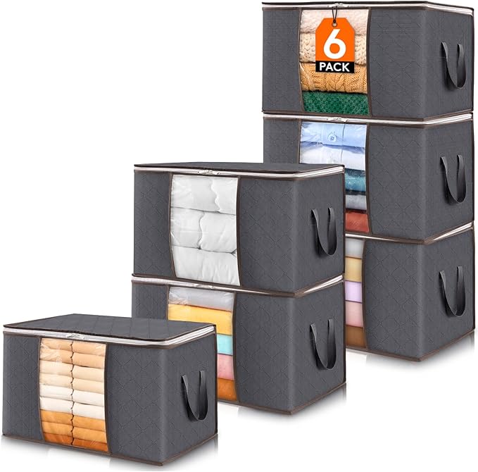 Lifewit 6 Pack Clothes Storage Bins with Lids, Foldable Blanket Storage Bags with Zippers, Clear Window and Reinforced Handles, Closet and Organization for Clothing, Sweater, Comforter, Bedding