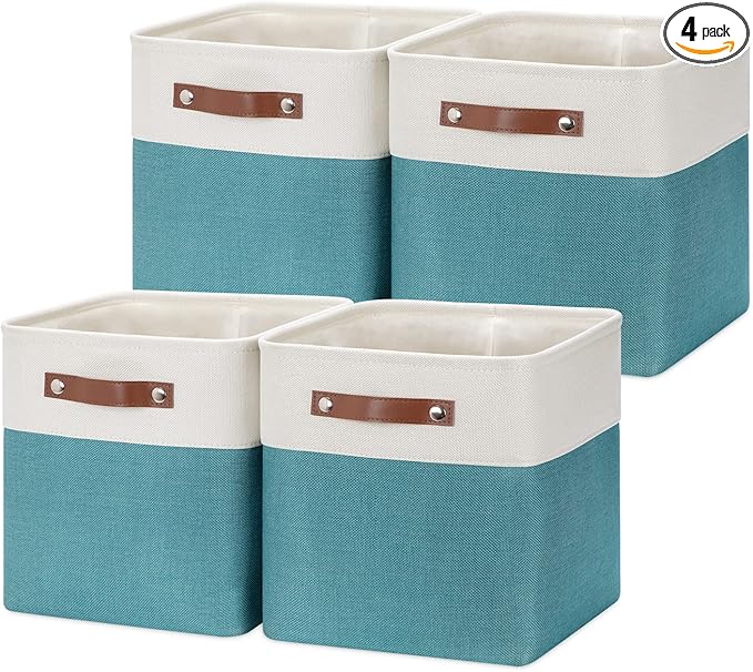 HNZIGE Fabric Storage Cube Bins Baskets for Organizing, 11 inch Cube Storage Baskets, Set of 4, Collapsible Storage Baskets with Handles, Closet Organizers Storage Home Toy Nursery room(White Teal)