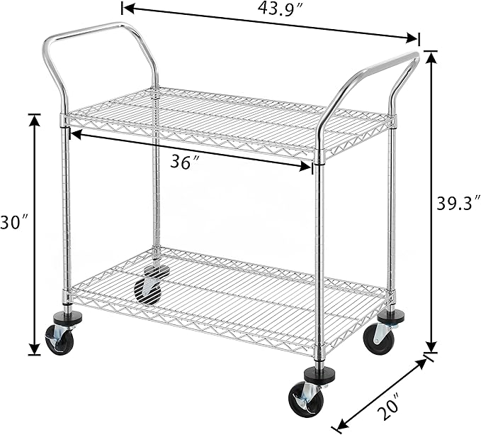 Finnhomy 2-Tier Commercial Grade Rolling Cart, Heavy Duty Utility Cart, Carts with Wheels and Handles, Kitchen Cart on Wheels, Metal Serving Cart with 500 lbs Capacity, Shelf Size 20" D x 36" W, NSF