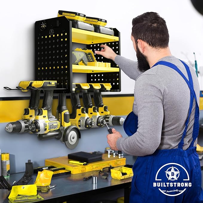 Power Tool Organizer - 6 Drill Holder Wall Mount, 3 Tier Heavy-Duty Hand Storage Rack, Utility Racks, 2 Pegboard Sides - Garage Cordless Organizer (Yellow)