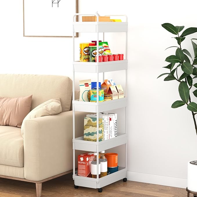 5-Tier Storage Cart，Shelf Organizer Mobile Shelving ，Utility Rolling Cart，Multifunction Movable Storage Organizer with Lockable Wheels,White
