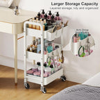 3 Tier Rolling Cart with Wheels, Metal Utility Storage Cart on Wheels, Craft Carts Organizer with Hanging Cups, Hooks, Three Tiered Rolling Carts for Bathroom, Laundry Room, Nursery, Office, White