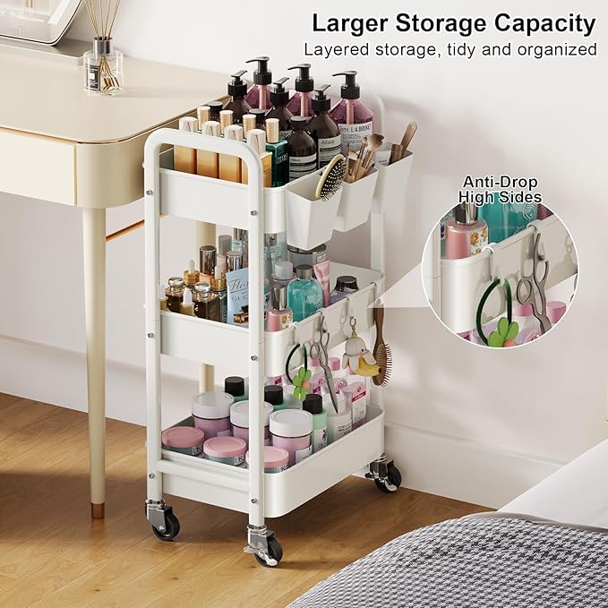 3 Tier Rolling Cart with Wheels, Metal Utility Storage Cart on Wheels, Craft Carts Organizer with Hanging Cups, Hooks, Three Tiered Rolling Carts for Bathroom, Laundry Room, Nursery, Office, White