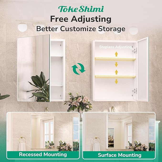 TokeShimi 48x32 Mirror with Stepless Adjustable Storage, Aluminum Tempered Bathroom Mirror Medicine Cabinet White, Frameless Farmhouse Medicine Cabinet for Recessed or Surface Mount Modern