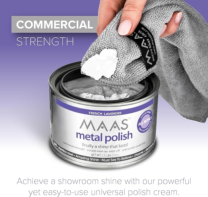 MAAS Metal Polish 1.1lb Can Plus Free Cloth, Universal Metal Cleaner for All Metals, Clean, Polish, and Protect Silver, Brass, Copper and More, Tarnish Remover and Silver Cleaner for Jewelry