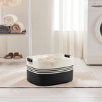 45L Small Laundry Basket with Leather Handles for Living Room Storage, Woven Rope Baskets Bin for Blanket, Kids Toy, Gifts, Wicker Hamper for Bedroom Dirty Clothes, 18"x14"x11" White Black