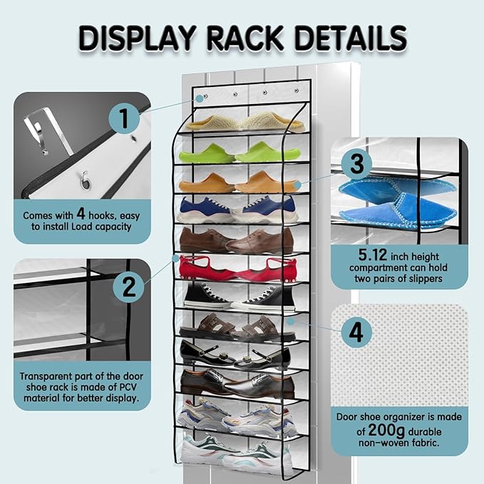 Over The Door Shoe Organizer with 12 Large Clear Pockets - Durable Hanging Storage for Family Shoes - White
