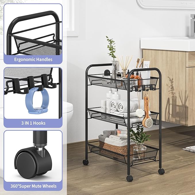 TOOLF 3-Tier Metal Rolling Cart, Mesh Wire Easy Assemble Utility Cart, Storage Trolley on Wheels with 3 Hooks, MetalStorage Shelving Units for Kitchen Bathroom Laundry Room