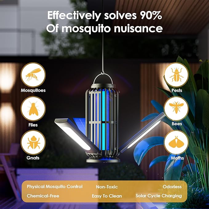 TYPEC Bug Zapper, Solar Bug Zapper with 3 Solar Charging Panels, IP65 Waterproof Mosquito Zapper, 4200V Mosquito Zapper with LED Light, Outdoor Indoor AUTO ON/Off