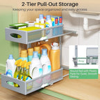 Under Sink Organizer, 2 Tier Pull out Cabinet Organizer Baskets with Mesh Sliding Drawers, Slide out Storage Shelf for Home, Kitchen, Bathroom, Pantry, Office, Countertop(1 Pack,Grey)
