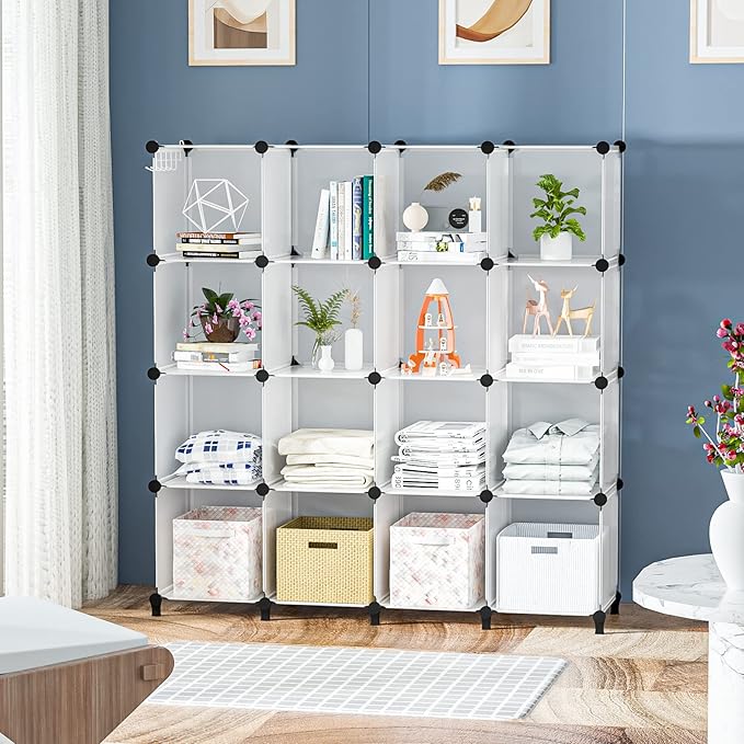 Neprock Cube Storage Organizer,16-Cube Shelf Closet Organizers and Storage Shelves,Book Shelves Wardrobe Clothes Organizer for Clothing Storage,Yarn Storage and Room Organization (Transparent White)