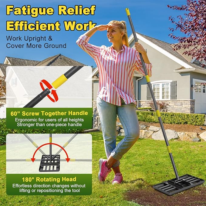Lawn Leveling Rake: Anti Flipping 17" x 10" Stainless Steel Lawn Ground Leveler for Soil, Heavy Duty Grass Top Soil Dressing Leveling Rake, Home Lawn,Golf Field,Yard Landscaping Tool, 60” Long Handle