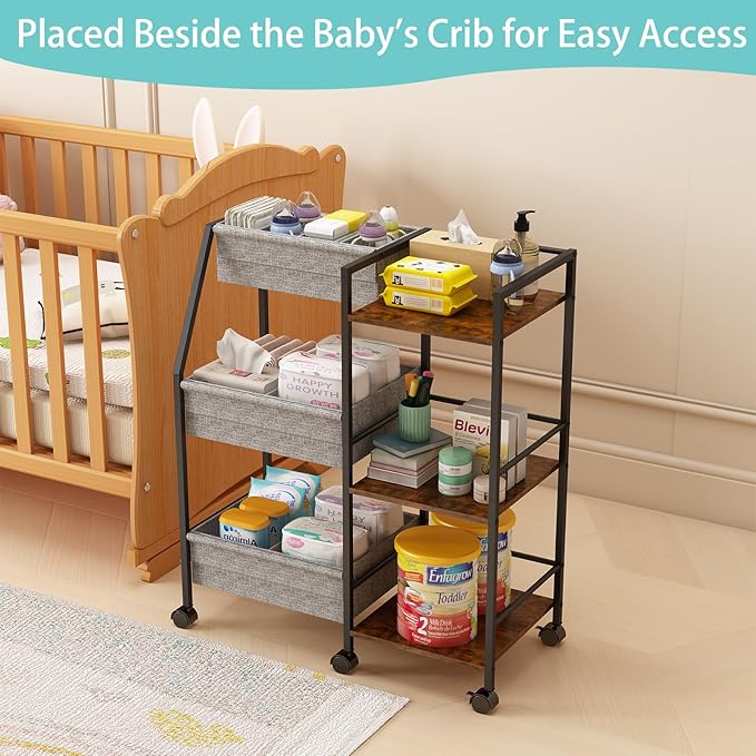 Baby Diaper Caddy Organizer Cart, 3-Tier Rolling Wheels Cart with Dividers and Shelves, Bedside Utility Cart for Nursery Essentials, Large Capacity Mobile Storage Cart for Crib, Bedroom
