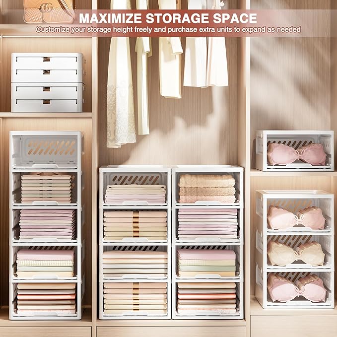 Stackable Closet Organizer Box with lid Plastic Drawer Storage for Armoire and Wardrobe, Foldable Clothes and Towel Storage Basket Bins for Kitchen, Bedroom, Bathroom, Laundry Room, Clothing
