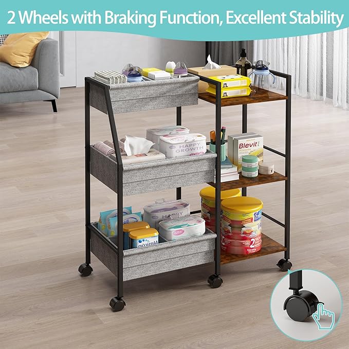 Baby Diaper Caddy Organizer Cart, 3-Tier Rolling Wheels Cart with Dividers and Shelves, Bedside Utility Cart for Nursery Essentials, Large Capacity Mobile Storage Cart for Crib, Bedroom