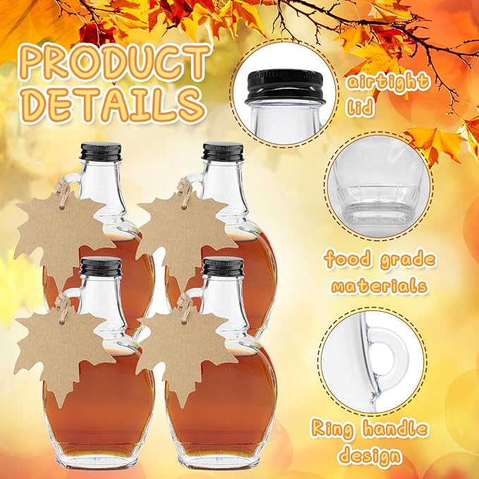 8 oz Maple Syrup Bottles with Loop Handle Black Aluminum Lids and Cotton Twines, Clear Glass Bottles with Round Tag, Maple Syrup Jars Container Sample Bottles for Gift Juice Milk Sauce Storage (12)