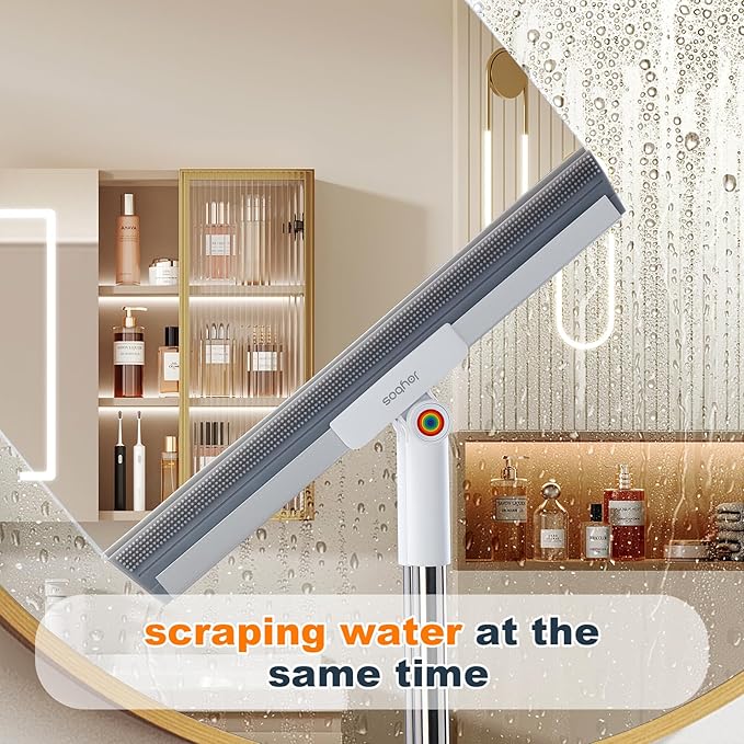 Rubber Squeegee Broom for Floor,Upgrade 62" Long Handle Window Squeegee, 2 Cleaning Cloths, Silicone Pet Hair Remover,Magic Broom Removes Water Spots, Stains, Grease, and Hair from Glass Surfaces.