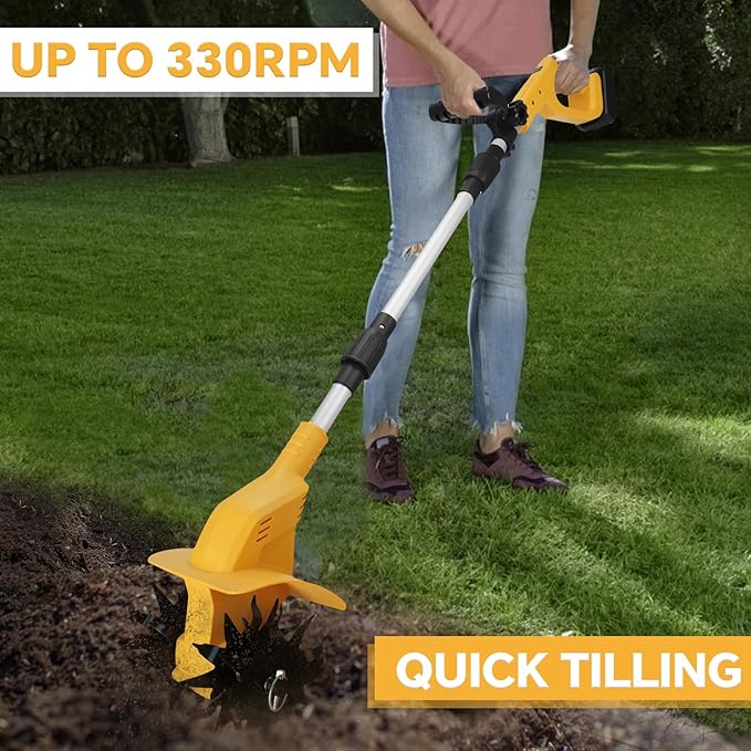 Cordless Tiller Cultivator for Dewalt 20v Battery, 500W Brushless Garden Tiller, 8.7" Tilling Width and 6.3" Depth, 330RPM Electric Rototiller for Gardening, Soil Cultivation(No Battery)