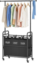 Tajsoon Laundry Sorter Cart with Hanging Rack, Laundry Sorter 3 Section, Laundry Hamper with Heavy Duty Rolling Lockable Wheels, Black