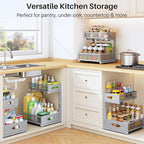 Under Sink Organizer, 2 Tier Pull Out Under Cabinet Organizer Shelf with Pad for Framed Cabinets, Metal Slide Out Under Sink Storage, Mesh Sliding Drawers for Kitchen Bathroom Laundry(Grey, 1 Pack)