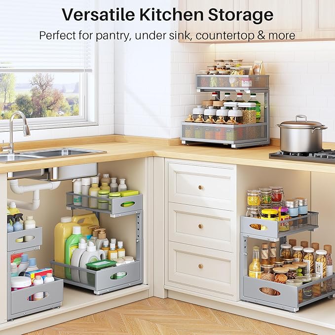 Under Sink Organizer, 2 Tier Pull Out Under Cabinet Organizer Shelf with Pad for Framed Cabinets, Metal Slide Out Under Sink Storage, Mesh Sliding Drawers for Kitchen Bathroom Laundry(Grey, 1 Pack)