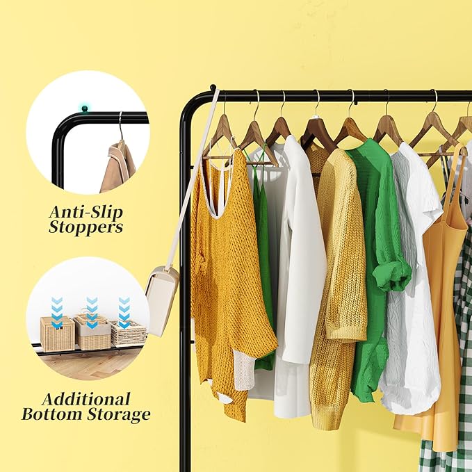 Simple Trending Standard Clothes Clothing Garment Rack with Storage Shelves, Rolling Clothes Organizer on Wheels for Hanging Clothes, Black