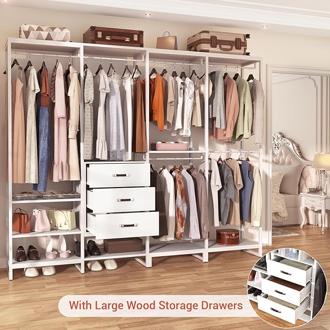 Aheaplus Wood Clothes Rack Wardrobe Closets for Hanging Clothes Heavy Duty Garment Rack, Large Corner L Shaped Closet System Organizer Walk-in Closet for Bedroom with 3 Wood Drawers, Pure White