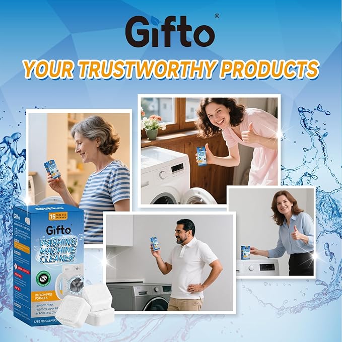 Gifto Washing Machine Cleaning Tablets, Individually Wrapped 15 Count, Fresh Scent Washer Cleaner Tablet for Front Loader & Top Load, Removes Odor-causing Residues & Hard Water Buildup, Septic Safe