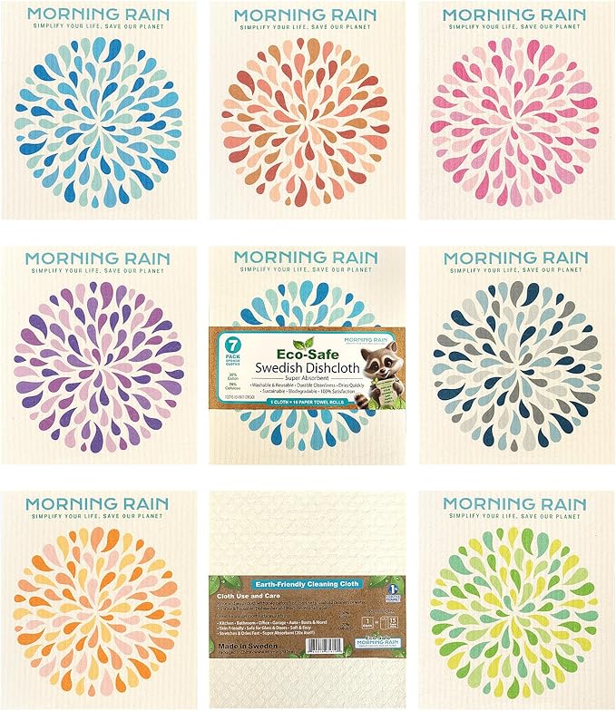 MorningRain Swedish Cloths for Kitchen, 7 Pack Watercolor Dish Towels, Washable Paper Towels, Non-Scratch Cellulose Sponge Cloths, No Odor, Biodegradable, Reusable Dishcloths