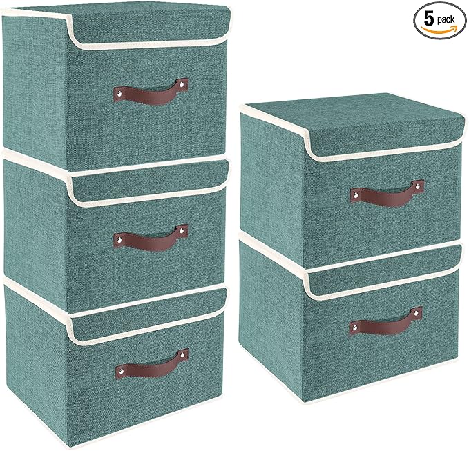 TYEERS Foldable Storage Boxes with Lids 5 Pack Fabric Storage Bins with Lids, Closet Organizers for Clothes Storage, Room Organization, Office Storage, Toys - Aqua Deep