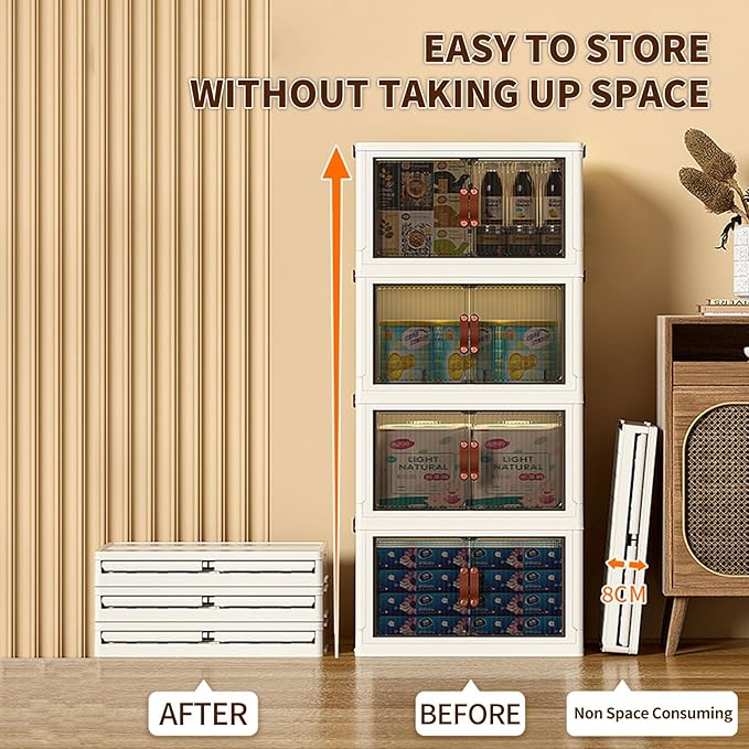 4-Tier Stackable Storage Bins with Lids & Open Front Design, Foldable Storage Bins with Wheels for Home Organization, Collapsible Space Saving Multi-Layer Organizer, 48QT