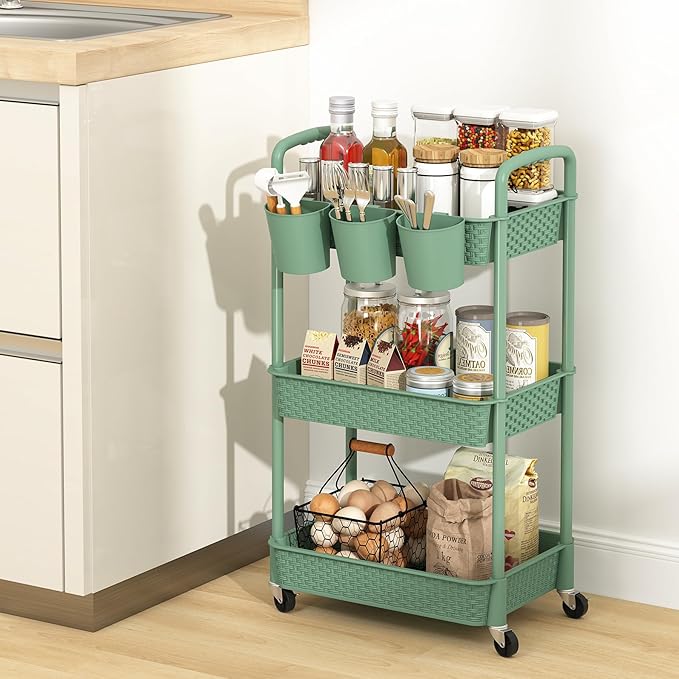 MOYIPIN 3-Tier Plastic Rolling Utility Cart with Handle,Utility Storage Cart for Office, Living Room, Kitchen,Movable Storage Organizer Shelves,Green with 6 Hanging Cups