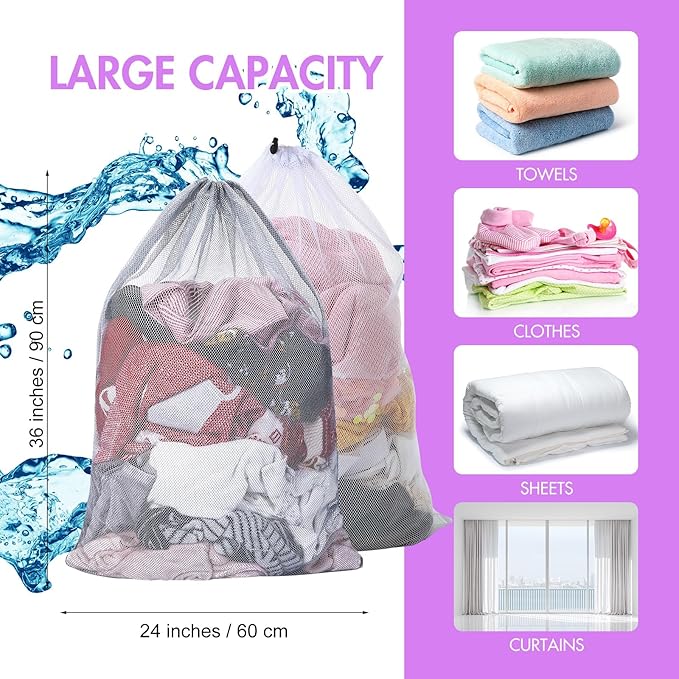 Berlune 30 Pack 24 x 36 Inches Large Mesh Bags for Laundry, Wash bags, Sturdy Mesh Material Closed with Drawstring, Factory, University, Dormitory, Travel and Apartment Dweller (White, Gray)