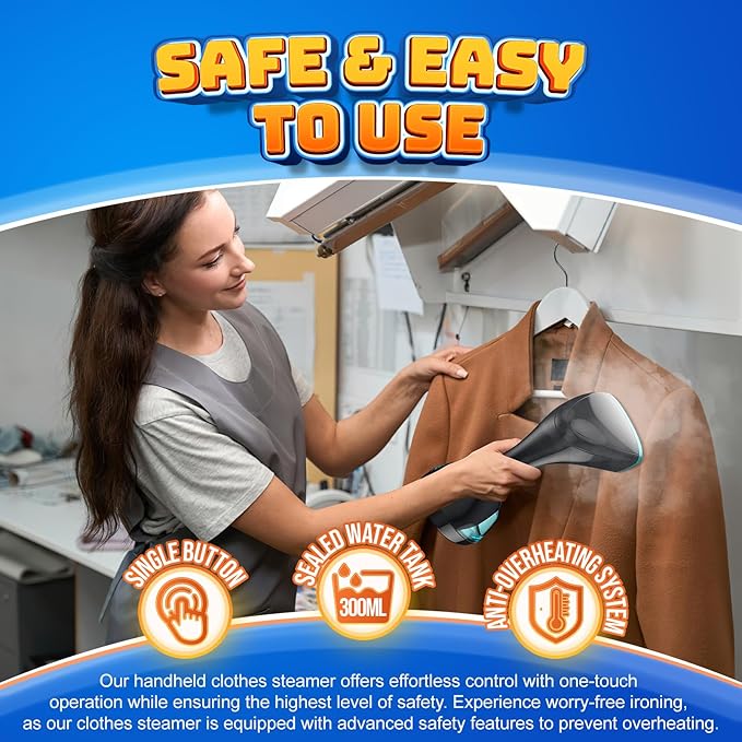 15s Fast Heat-Up and 1800W Powerful Steamer for Clothes with 3 Modes and 300ml Water Tank, Portable Clothes Steamer Iron with Heat-Resistant Glove and Fabric Brush for Home, Dorm, Travel