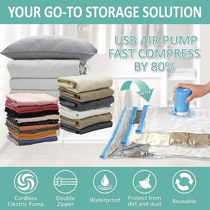 Cozy Essential Travel Vacuum Clothes Bags with Electric Pump for Luggage, Suitcase, Seal Space Saver Compression for Clothing, Transparent, 8 Pack