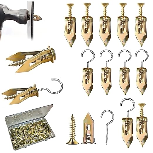 120Pcs Self Drilling Drywall Anchors Kit (60 Anchors +50 Screws +10 Hooks) - No Drill Needed, Reusable Wall Anchors for Home, Garage, Shelves - Zinc Plated Steel & Stainless Drywall Repair Kit