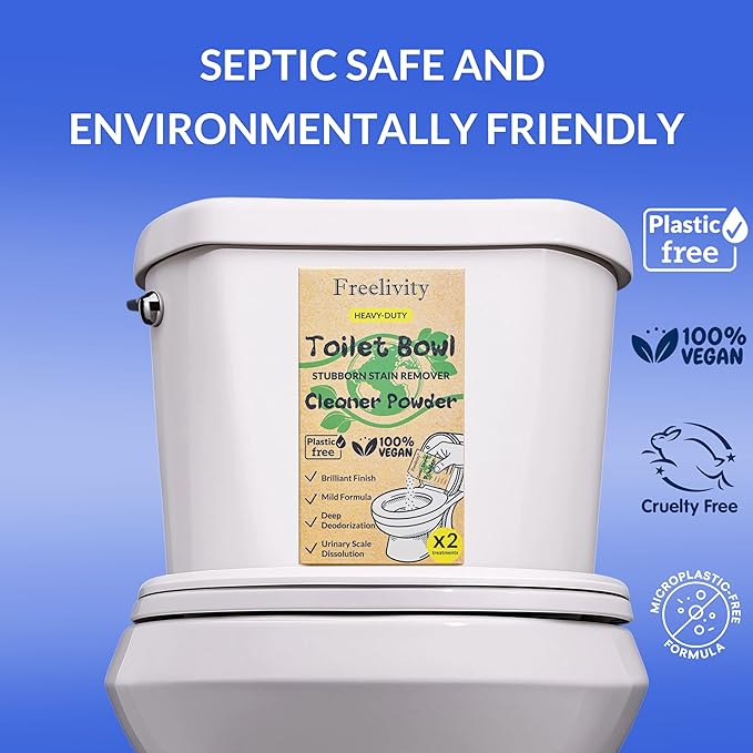 Freelivity Heavy Duty Toilet Bowl Cleaner Powder - Cleans Hard Water Rings, Calcium Buildup & Stains - 2 Treatments - Plastic-Free, 1 Pack