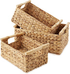 Casafield Set of 3 Water Hyacinth Rectangular Storage Baskets with Wooden Handles - Small, Medium, and Large Woven Nesting Baskets for Organizing
