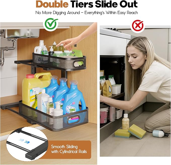1 Pack 15.7IN-Depth Under Sink Organizer with Smooth Cylindrical Rail,2-Tier Pull Out Multi-Purpose Cabinet Storage for Bathroom&Kitchen,Height Adjustable,Rust-Resistant Coating-Black