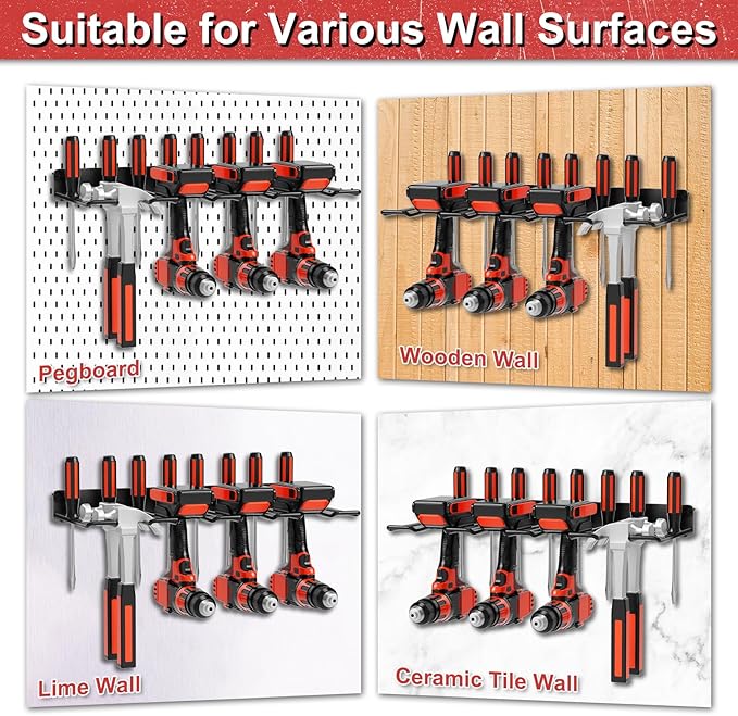 Drill Holder Power Tool Organizer Wall Mount, 4 Cordless Drill Racks with Screwdriver Hole, Heavy Duty Metal Garage Tool Organizer Storage for Tool Room Workshop Basement(1 Tier Black)