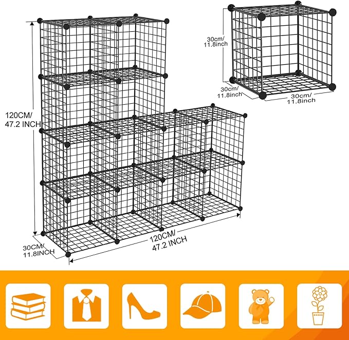 HUBSON Wire Cube Storage Organizer, Book/Toy/Craft/Potted Plants and petCloset Organizers and Storage Shelves, 12-Cube Freely Combinable Metal Grids Storage Shelf,Black Iron