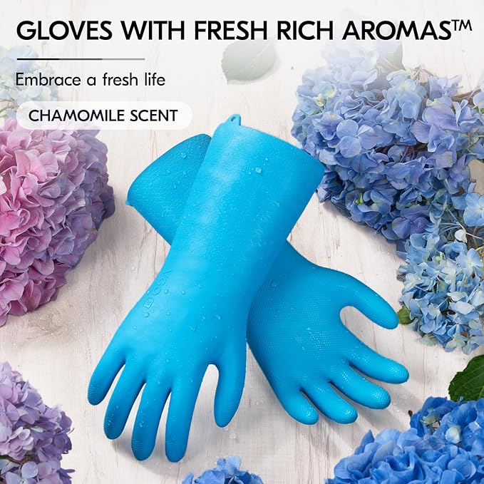 Vgo... 1 Pair Household Cleaning Gloves Infused with Rresh Rich Aromas, Lined Dishwashing Gloves,Long Sleeves Kitchen Gloves, Bathroom Cleaning, Gardening, Pet Care(Light Blue,XL,TP1117)