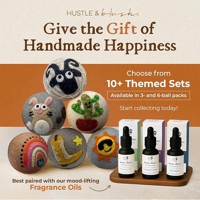 Hustle & Blush Fluff Ewes Wool Dryer Balls 6 Pack - XL Kiss My Cactus Premium New Zealand Laundry Set, Reduces Drying Time, Static Control, Chemical Free, Ideal Holiday Gifts for Women & Men