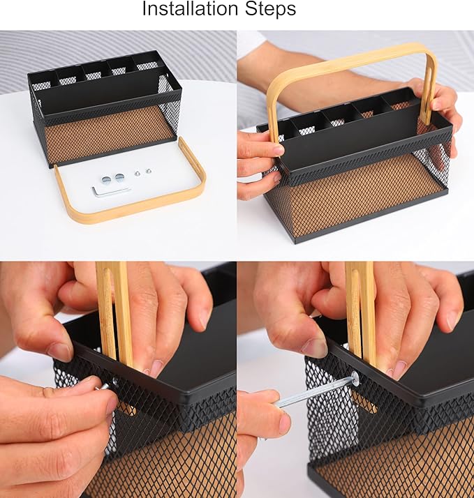 Utensil Caddy Metal Mesh Silverware Cutlery Organizer Basket with Bamboo Handle, Multi-Purpose Steel Wire Caddy 6 Compartment Flatware Basket for Kitchen, Countertop, Picnic, Restaurant, Black