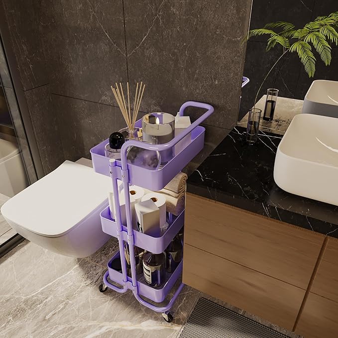 Metal Rolling Storage Cart, 3-Tier Utility Cart with Wheels, Multifunctional Organizer Storage for Kitchen, Bedroom, Office, Laundry Room, Dorm Room Essentials (Purple)