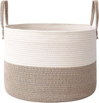 JMvicyroam 115L Extra Large Blanket Basket for Living Room - Woven Cotton Rope Laundry Hamper with Reinforced Handles - Storage Bin for Pillows, Comforters & Toys - Machine Washable,White&Brown