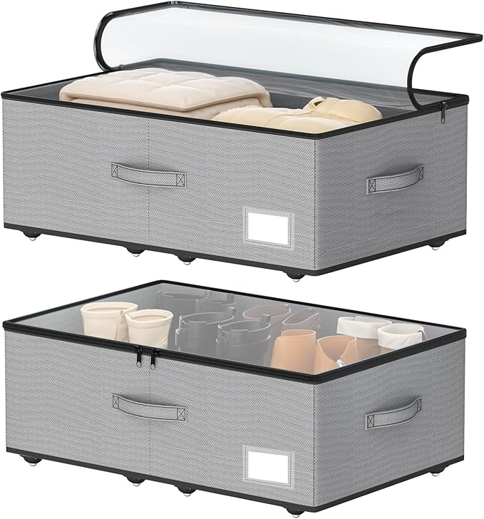 Under Bed Storage with Wheels, No Assemble Required 12 inches height Under Bed Storage bins,Large capacity Rolling Underbed Shoe Storage containers，dorm underbed storage drawers