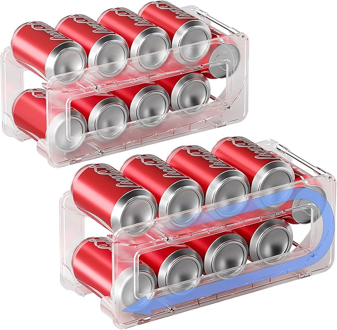 2 Pack Soda Can Organizer,Can Dispenser for Refrigerator Drink Storage Rack for Standard and Tall Can Pop Can Holders for Pantry Cabinet Clear