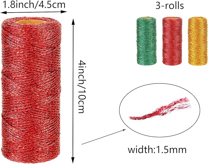 984 Feet Christmas Twine Packing Bakers Kraft Butchers Baking Gardening Twine Wrapping Arts Crafts Party Decorations(Gold Green Red)